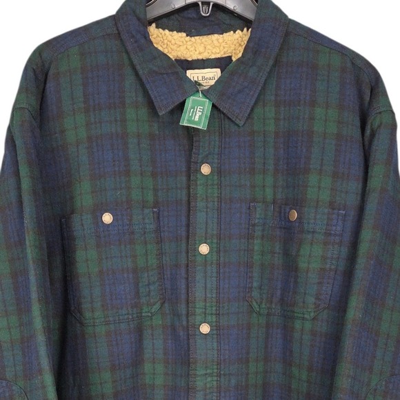 LL Bean Sherpa Lined Shirt Jacket Mens XXL Blue Green Plaid Flannel Shacket NWT